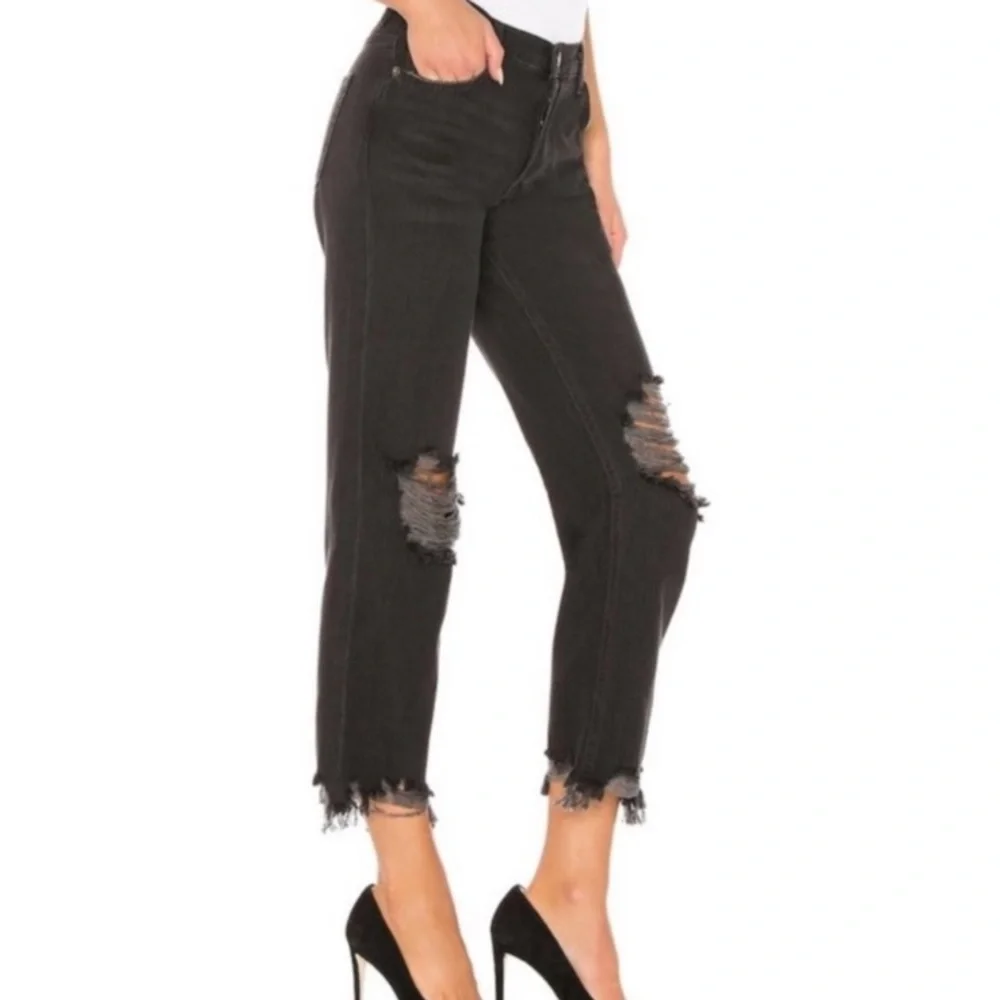 Free People Maggie Mid Rise Straight Leg Black Distressed Jeans